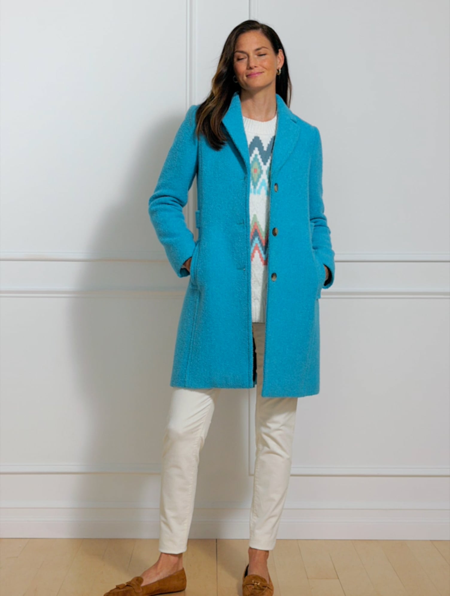 Wool bouclé long store coat