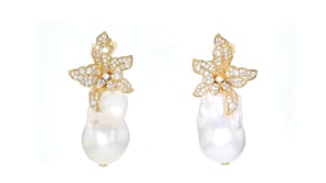 Italian 13-18mm Baroque Pearl and 1.80 ct. t.w. CZ Flower Earrings in 18kt Gold Over Sterling