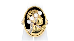 Black Agate, 3.5-4mm Cultured Pearl and .14 ct. t.w. Multi-Gemstone Cameo-Style Ring in 18kt Gold Over Sterling