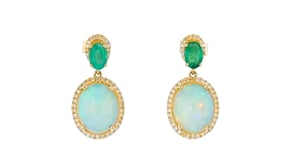 Ethiopian Opal, .90 ct. t.w. Emerald and .32 ct. t.w. Diamond Drop Earrings in 14kt Yellow Gold