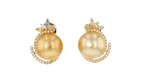 12-12.5mm Golden Cultured South Sea Pearl and .76 ct. t.w. Diamond Earrings with Brown Diamond Accents in 18kt Yellow Gold