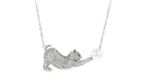 8mm Cultured Pearl and 1.80 ct. t.w. White Topaz Cat Necklace in Sterling Silver with Black Spinel Accent