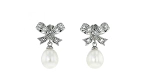 8-9mm Cultured Pearl and .30 ct. t.w. White Topaz Bow Drop Earrings in Sterling Silver
