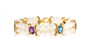 4.5-5.5mm Cultured Pearl and 4.80 ct. t.w. Multi-Gemstone Bracelet in 18kt Gold Over Sterling