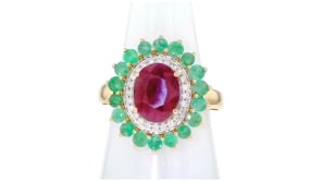 3.30 Carat Ruby Ring with 1.00 ct. t.w. Emeralds and .19 ct. t.w. Diamonds in 14kt Yellow Gold