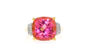 8.50 Carat Pink Topaz Ring with Diamond Accents in 18kt Gold Over Sterling