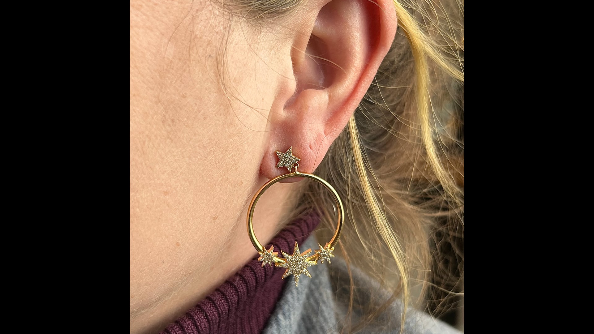 Pave Diamond Celestial Star Hoop Earrings in 14k Yellow Gold