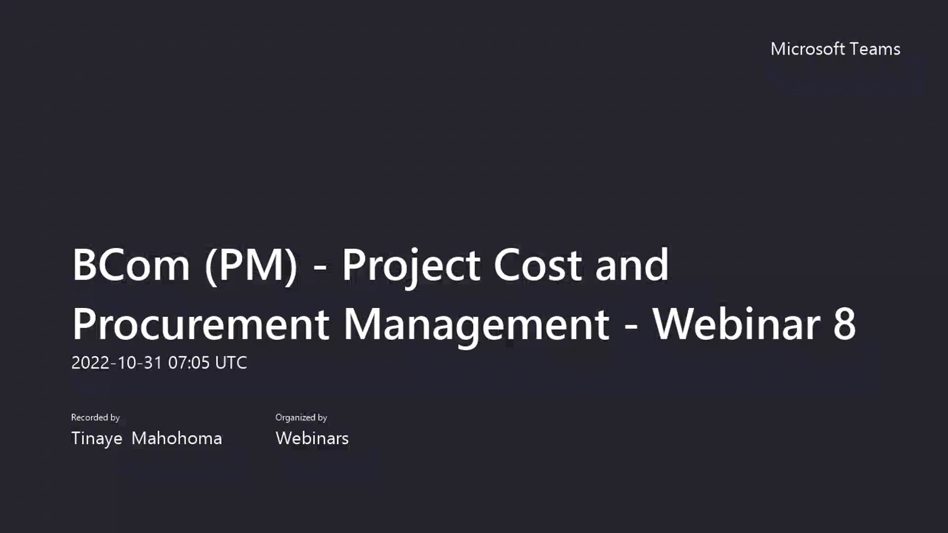 BCom (PM) - Project Cost and Procurement Management - Webinar 8 ...