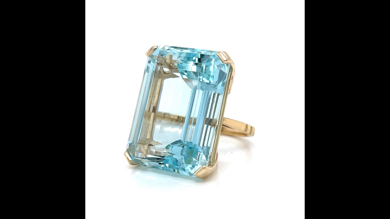 44 Carat Emerald Cut Aquamarine Cocktail Ring in 14k Yellow