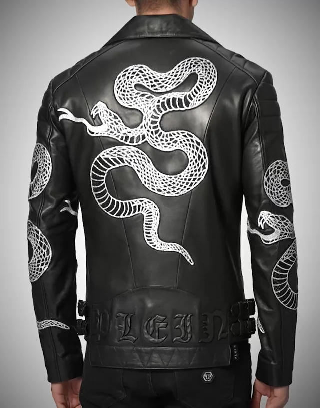 Philipp Plein Snake-Print Biker Jacket - Black