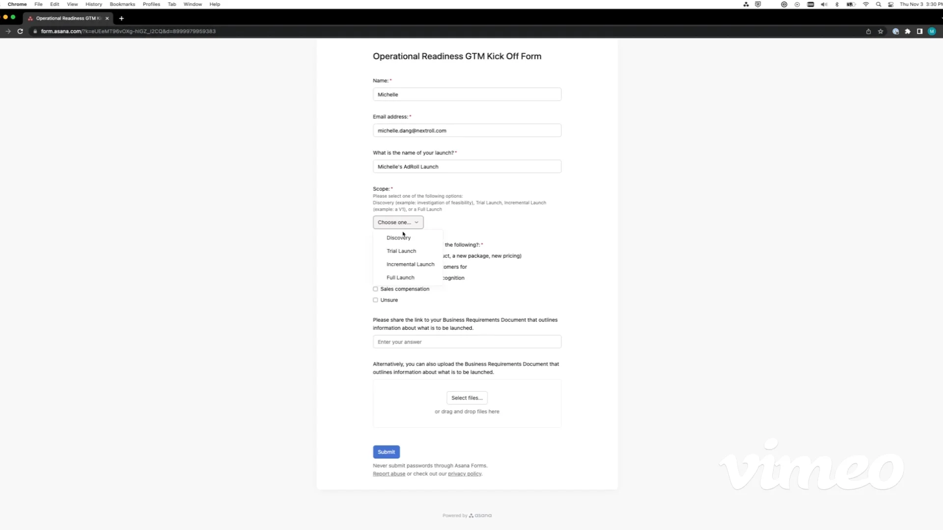 Operational Readiness GTM - Asana Form Walkthrough on Vimeo