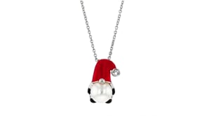 7.5-8mm Cultured Pearl Santa Gnome Pendant Necklace with Enamel and White Topaz Accent in Sterling Silver