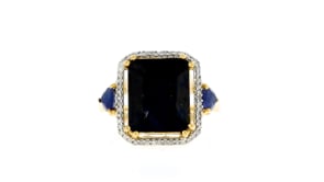 7.75 ct. t.w. Sapphire Three-Stone Ring with .14 ct. t.w. Diamonds in 18kt Gold Over Sterling