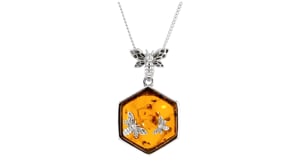 Amber Honeycomb and Bumblebee Pendant Necklace in Sterling Silver