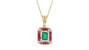80 Carat Emerald, .70 ct. t.w. Ruby and Diamond-Accented Pendant Necklace in 14kt Yellow Gold