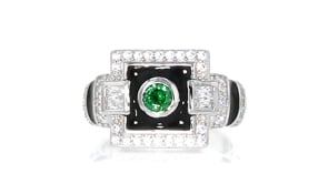 23 Carat Simulated Emerald and .65 ct. t.w. CZ Art Deco Ring with Black Enamel in Sterling Silver