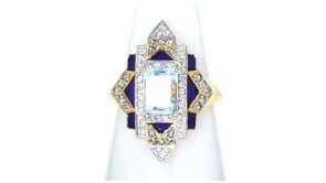 2.10 ct. t.w. London Blue, Sky Blue and White Topaz Ring with Blue Enamel in 18kt Gold Over Sterling
