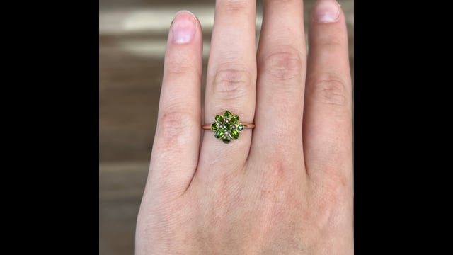 Victorian Peridot & Seed Pearl Flower Ring in 10k Yellow Gold