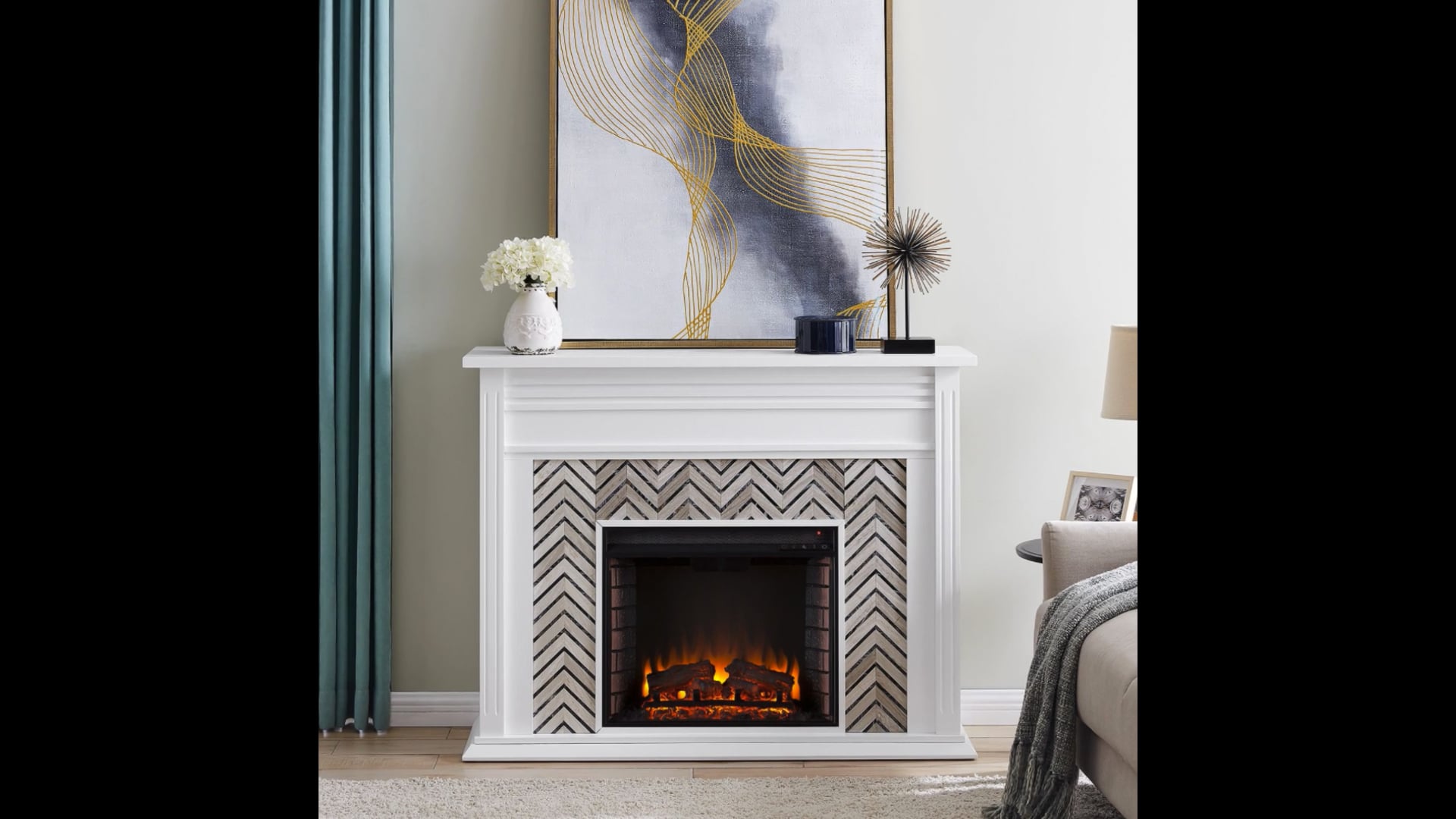 Hanston Tiled Marble Fireplace, White and Gray