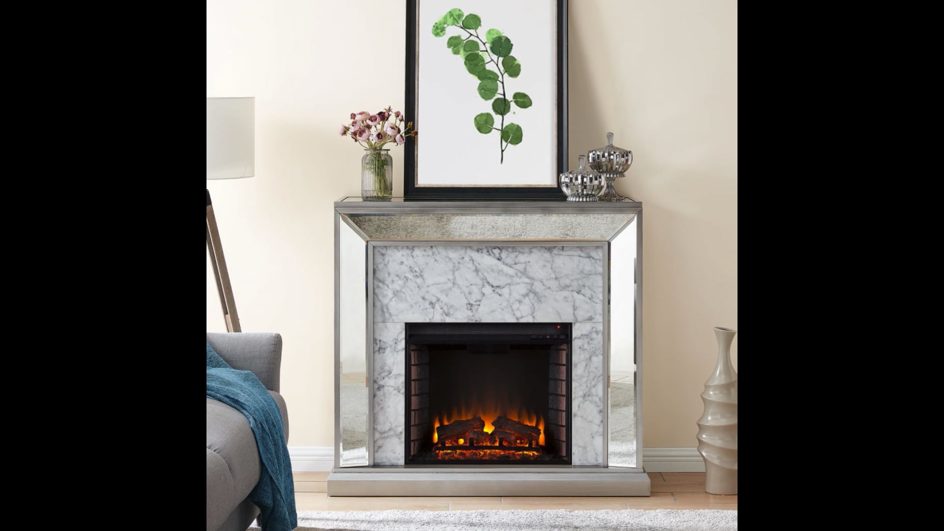 Trason Mirrored Faux Marble Fireplace, Mirror, Silver