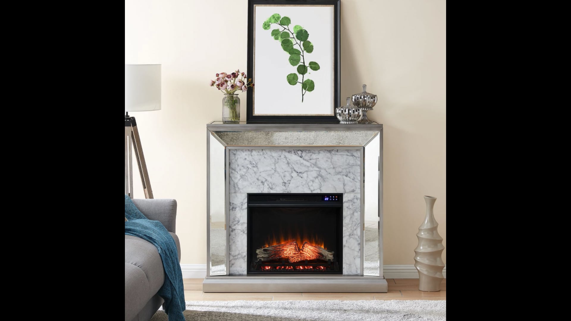 Dyerlane Mirrored Faux Marble Electric Fireplace Contemporary