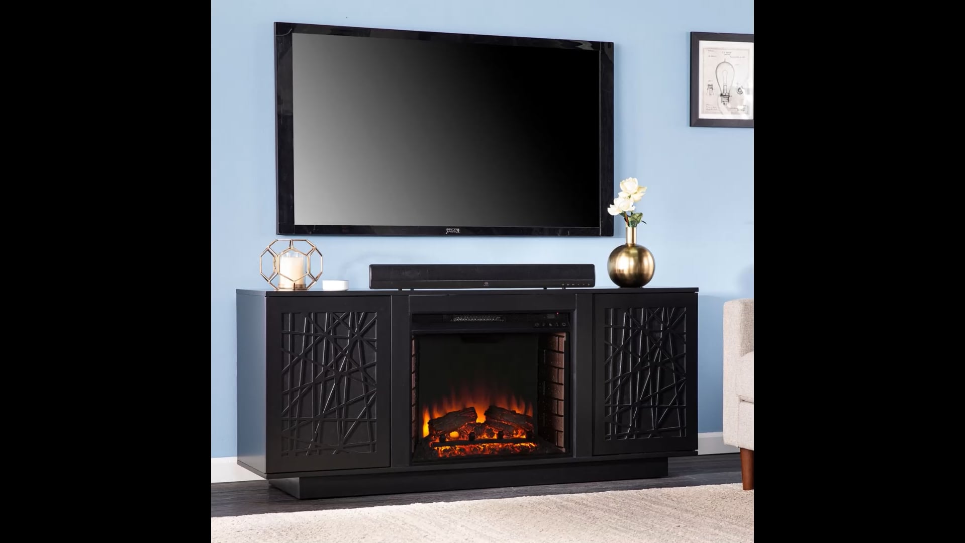 Vivian Electric Media Fireplace With Storage, Black