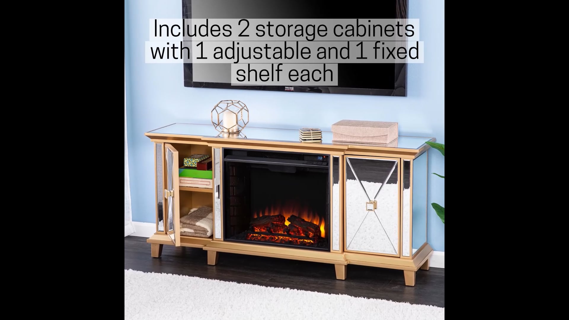 Tinturn Mirrored Electric Fireplace Gold Contemporary Entertainment