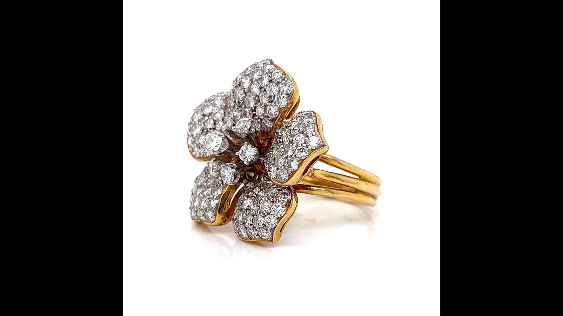 Pave Diamond Flower Cocktail Ring 18k Yellow & White Gold