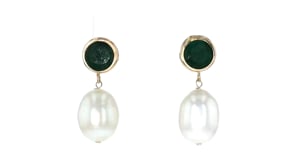 9.5-10mm Cultured Pearl and 3.50 ct. t.w. Emerald Drop Earrings in 14kt Yellow Gold