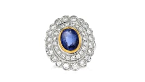C. 1990 Vintage 2.69 ct. t.w. Sapphire and 1.42 ct. t.w. Diamond Double-Frame Ring in 18kt Two-Tone Gold