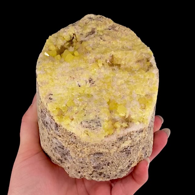 Sulfur on Calcite (drill core) (RARE locality specimen)