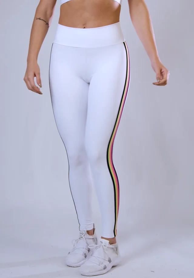 Calça legging energy poliamida branca com elástico colorido