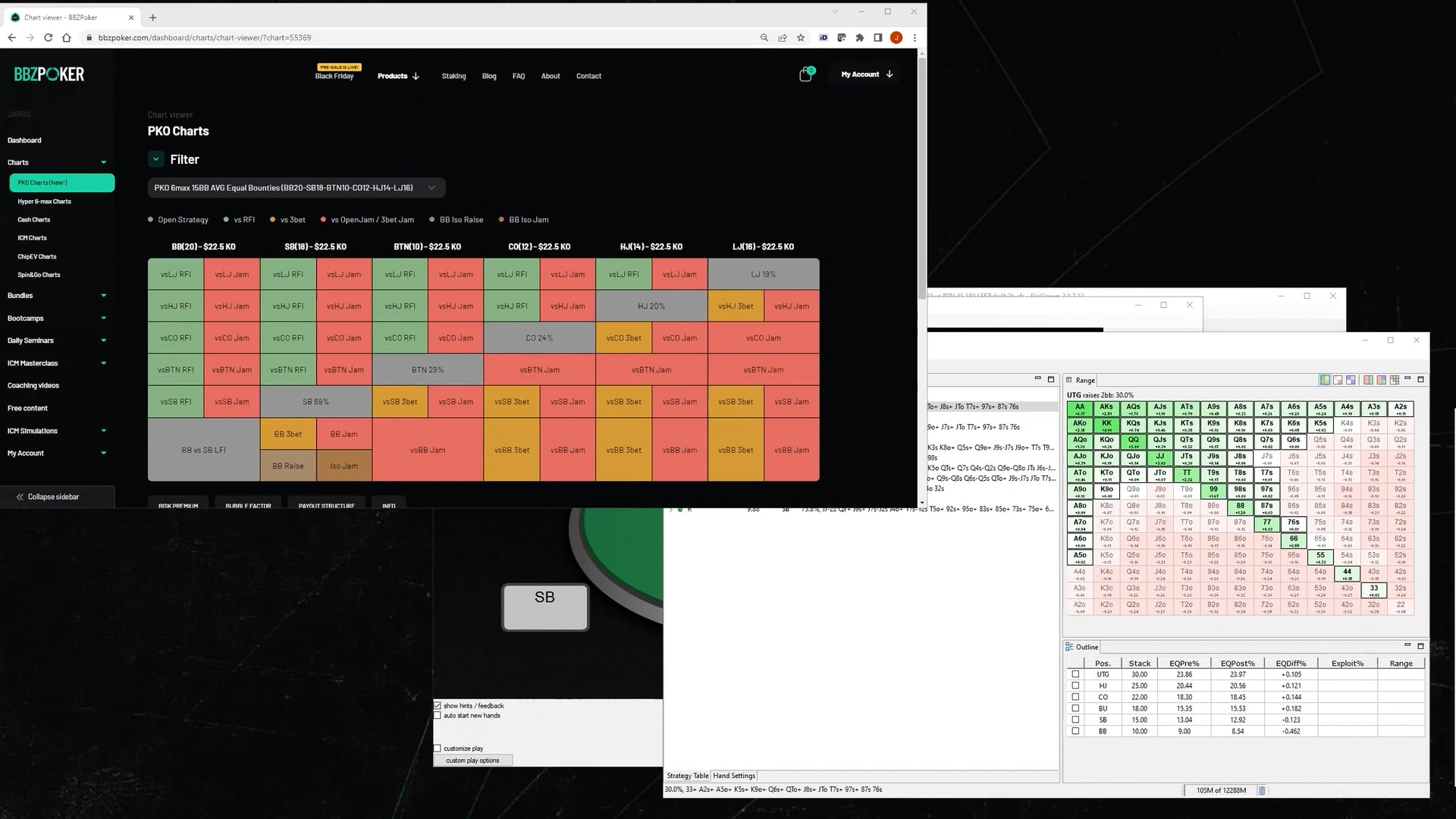 PKO Charts (Push/Fold) & BB(35) vs BTN(45) ICM w PIO GTO Trainer