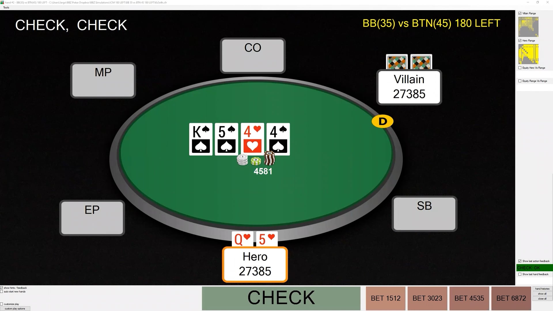 BB(35) vs BTN(45) ICM w PIO GTO Trainer