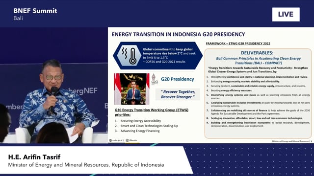 Watch "<h3>Policy dialogue: Indonesia’s Sustainable Energy Transition Ambitions</h3>
H.E. Arifin Tasrif, Minister of Energy and Mineral Resources, Republic of Indonesia"