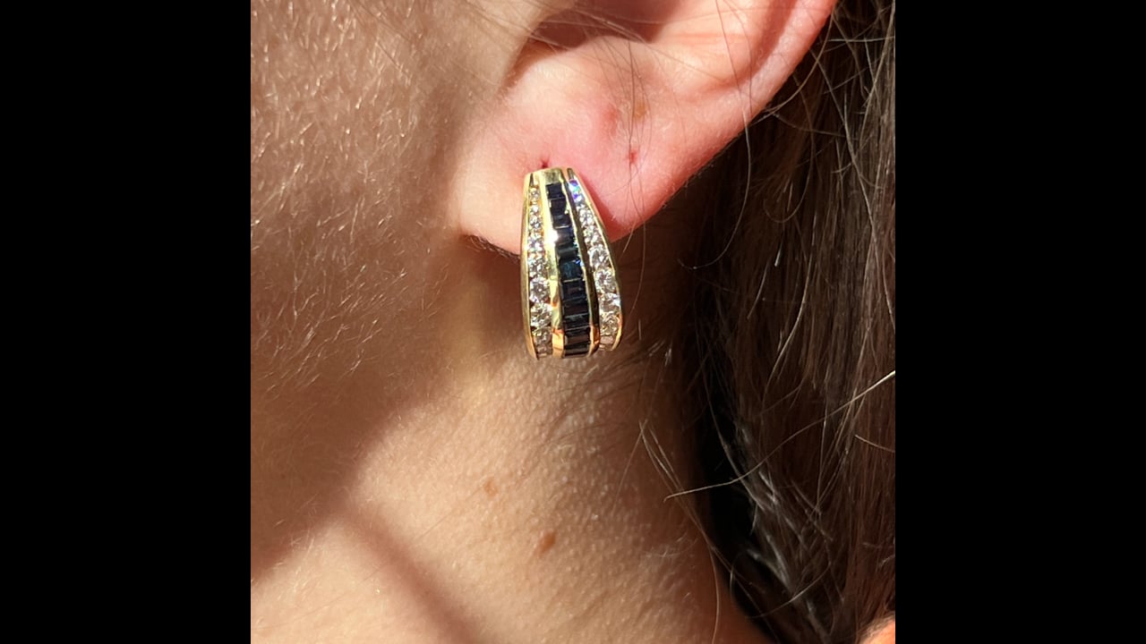 Elegant Sapphire & Diamond Hoop Earrings in 18k Yellow Gold 