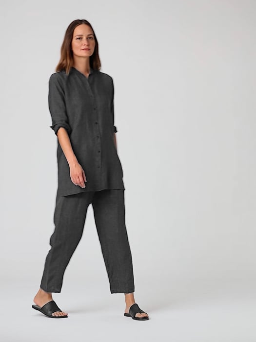 Washed Organic Linen Delave Mandarin Collar Shirt EILEEN FISHER