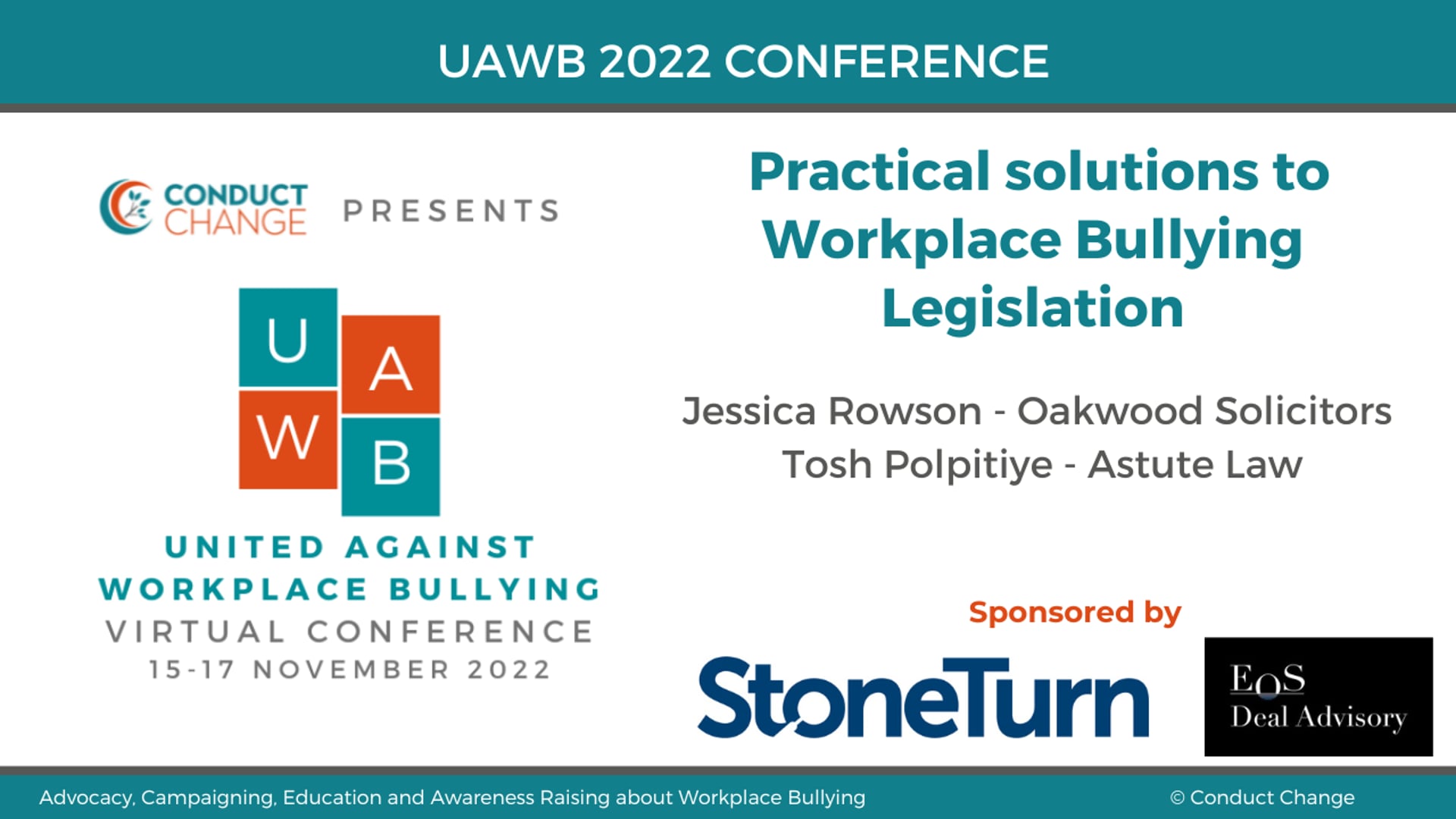 UAWB Conference 2022 Tues 15 November: Practical solutions to Workplace Bullying Legislation