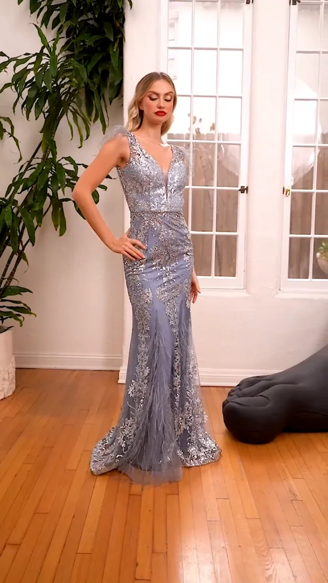 GL 3047 - Feather Embellished Glitter Print Fit & Flare Prom Gown