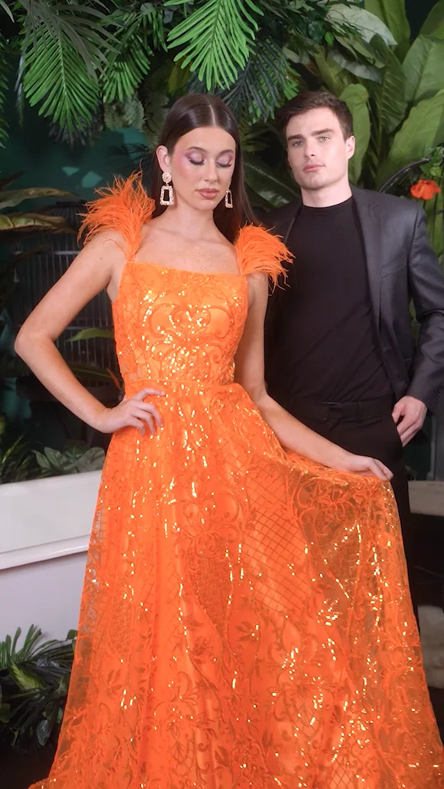 orange tuxedo dress Stylish Orange Lace Plunging Neck Mermaid Prom Dress with Scarf