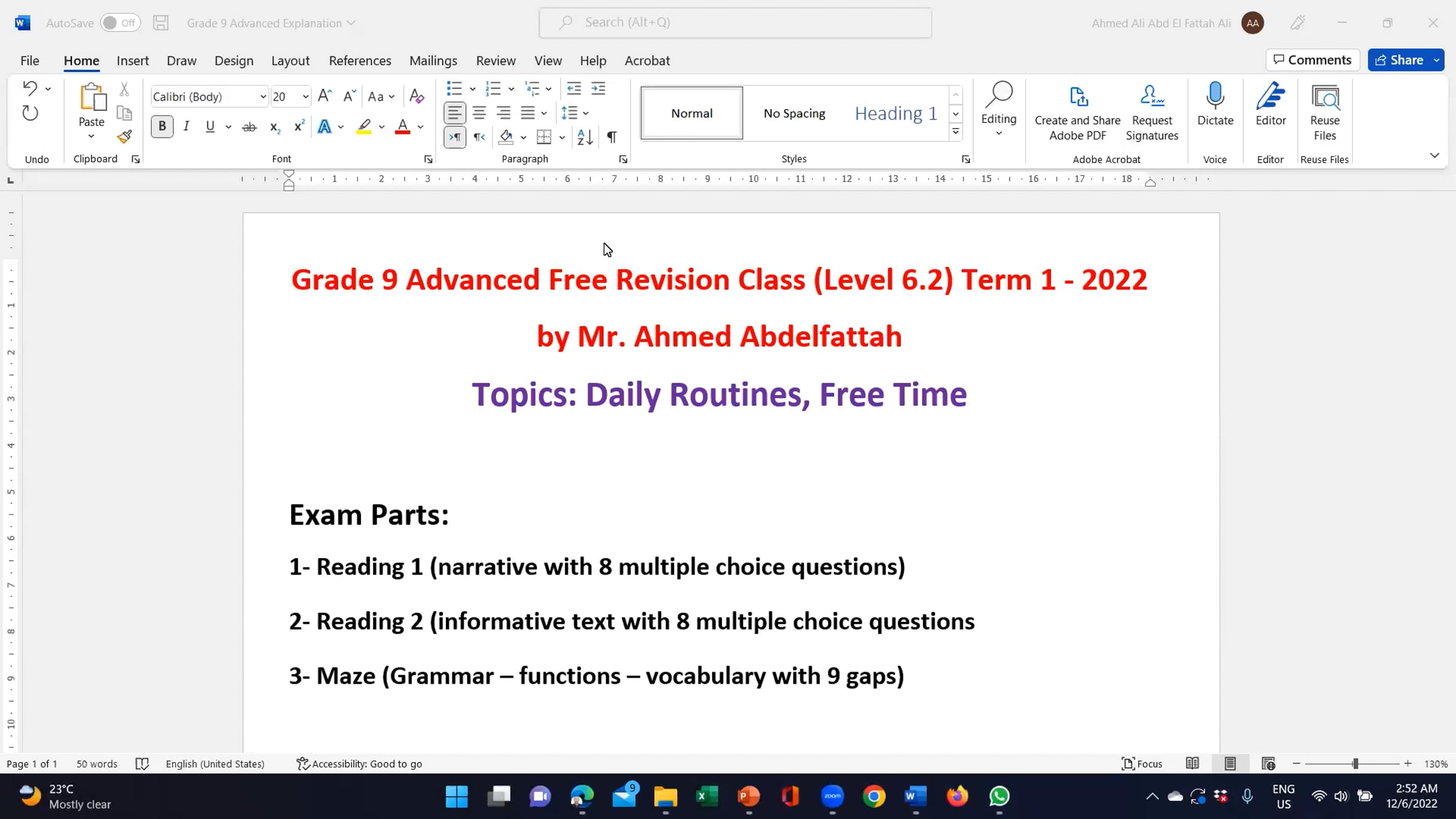 Grade 9 Advanced and 10 General (Level 6.2) English Revision Term 1 ...