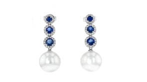 12-13mm Cultured South Sea Pearl and 1.50 ct. t.w. Sapphire Drop Earrings with .36 ct. t.w. Diamonds in 18kt White Gold