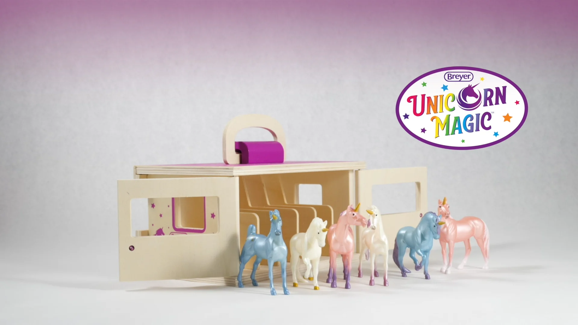Unicorn Magic Wood Carry Stable with 6 Unicorns — BreyerHorses.com