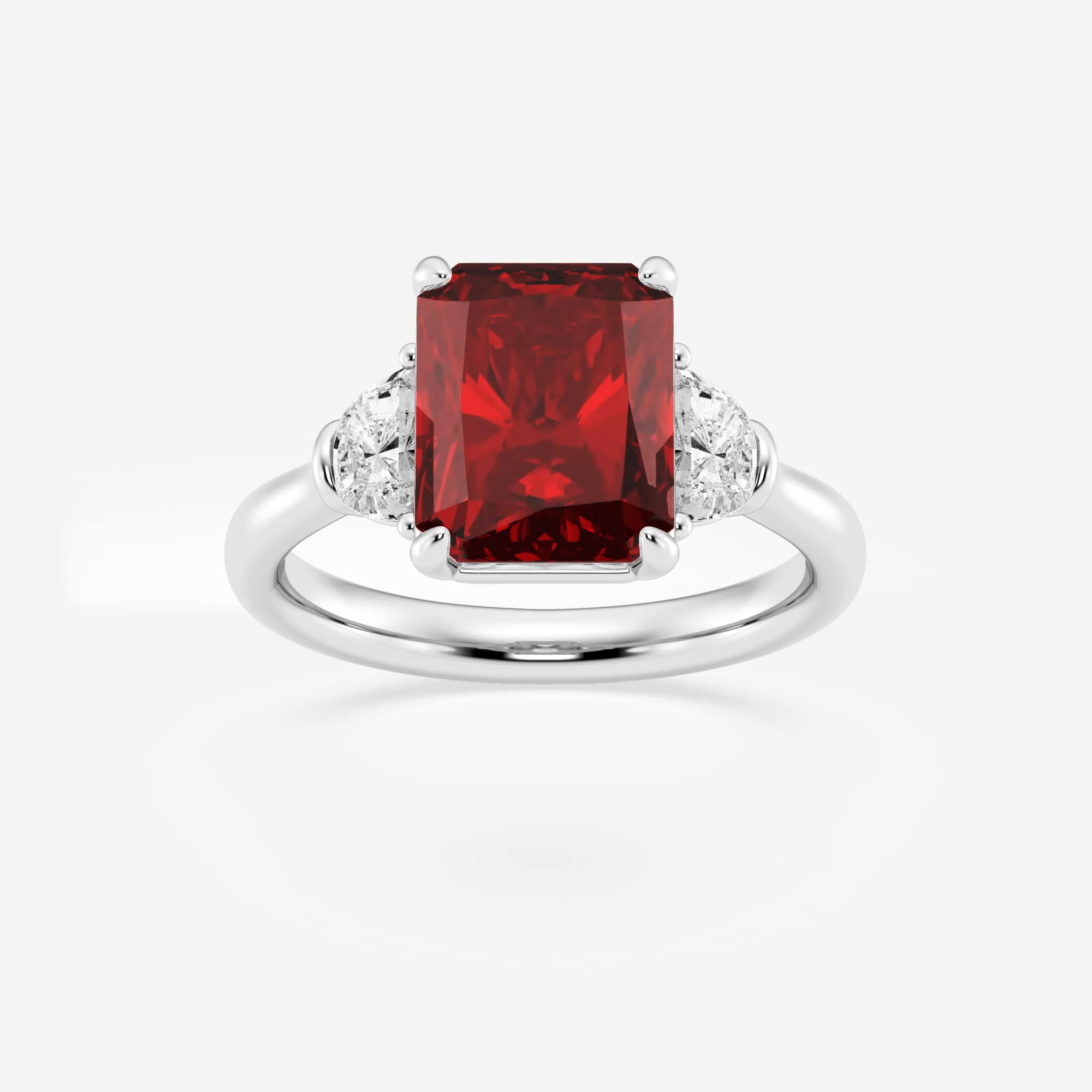 product video for 10x8mm Radiant Cut Created Ruby and 5/8 ctw Lab Grown Diamond Three-Stone Engagement Ring