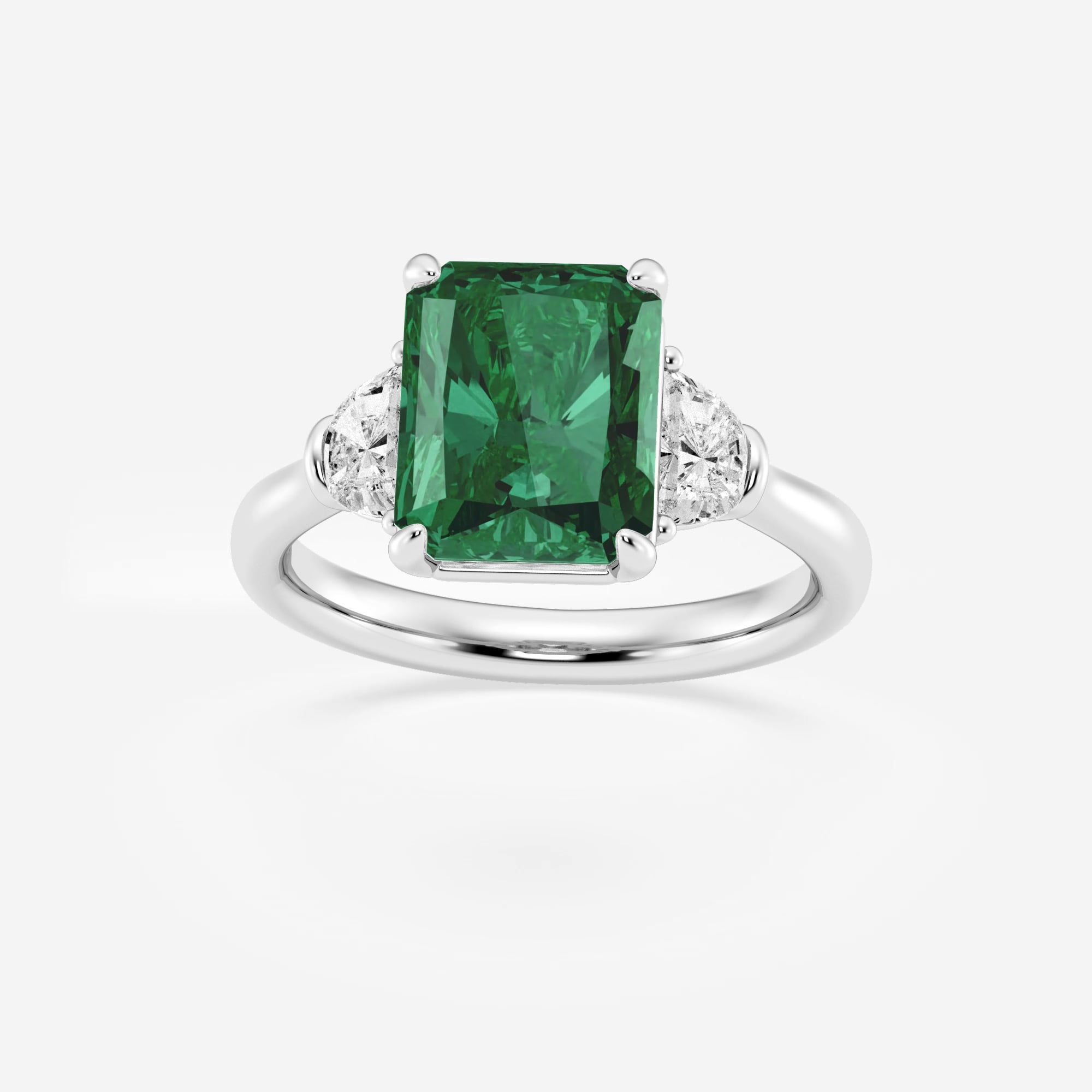 10k White Gold Emerald & White Diamond Heart Engagement Ring - 3 Stone Promise Ring, Size 5.5