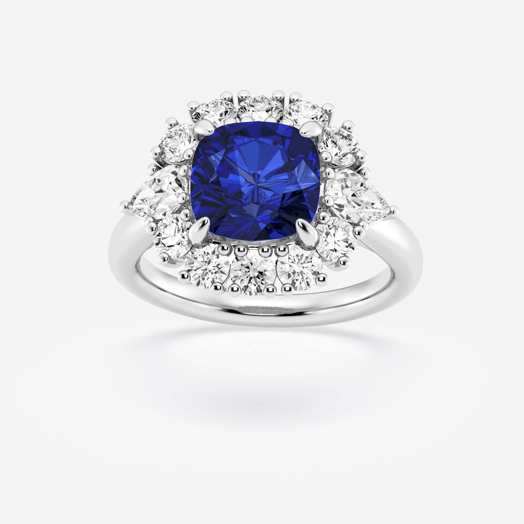product video for 8 mm Cushion Cut Created Sapphire and 1 1/3 ctw Round and Pear Lab Grown Diamond Halo Engagement Ring