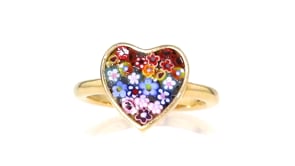 Italian Multicolored Murano Glass Mosaic Floral Heart Ring in 18kt Gold Over Sterling