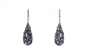 Glittery Blue Enamel Celestial Hoop Drop Earrings in Two-Tone Sterling Silver