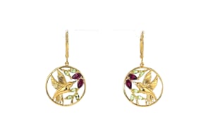 90 ct. t.w. Rhodolite Garnet and .70 ct. t.w. Peridot Hummingbird Drop Earrings in 18kt Gold Over Sterling
