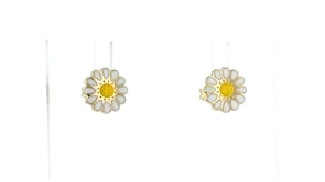 White and Yellow Enamel Daisy Earrings in 14kt Yellow Gold